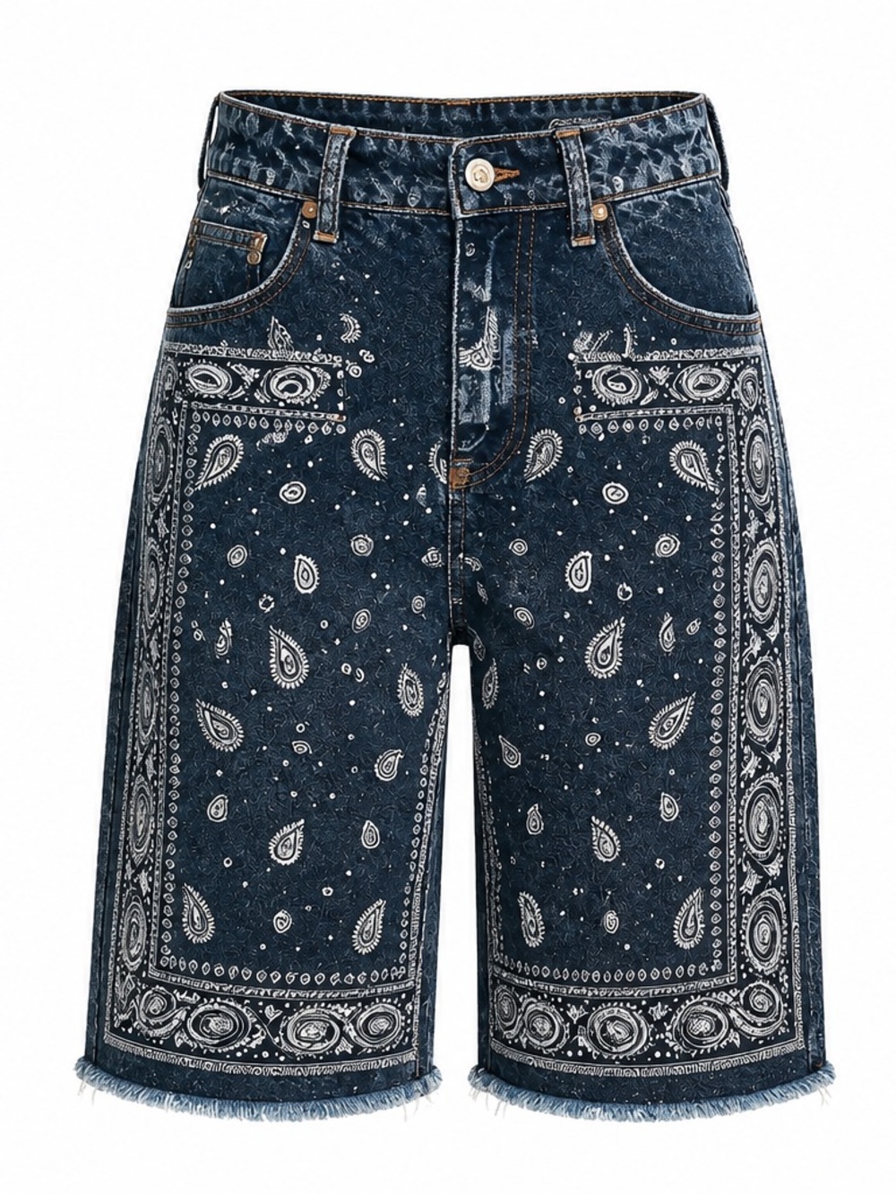 High-Rise Bandana-Print Dark Blue Boyfriend Jeans